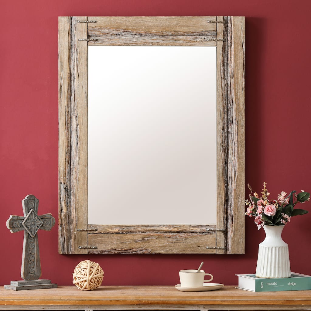 Japanese Oak Wood Cast Iron Wall Mirror - 31.5" H x 24.8" W x 1.25" D