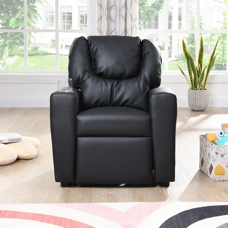 Kids Recliner Chair Black PVC Durable Toddler Chair with Cup Holder Ergonomic Design Easy Assembly 150 lbs Capacity