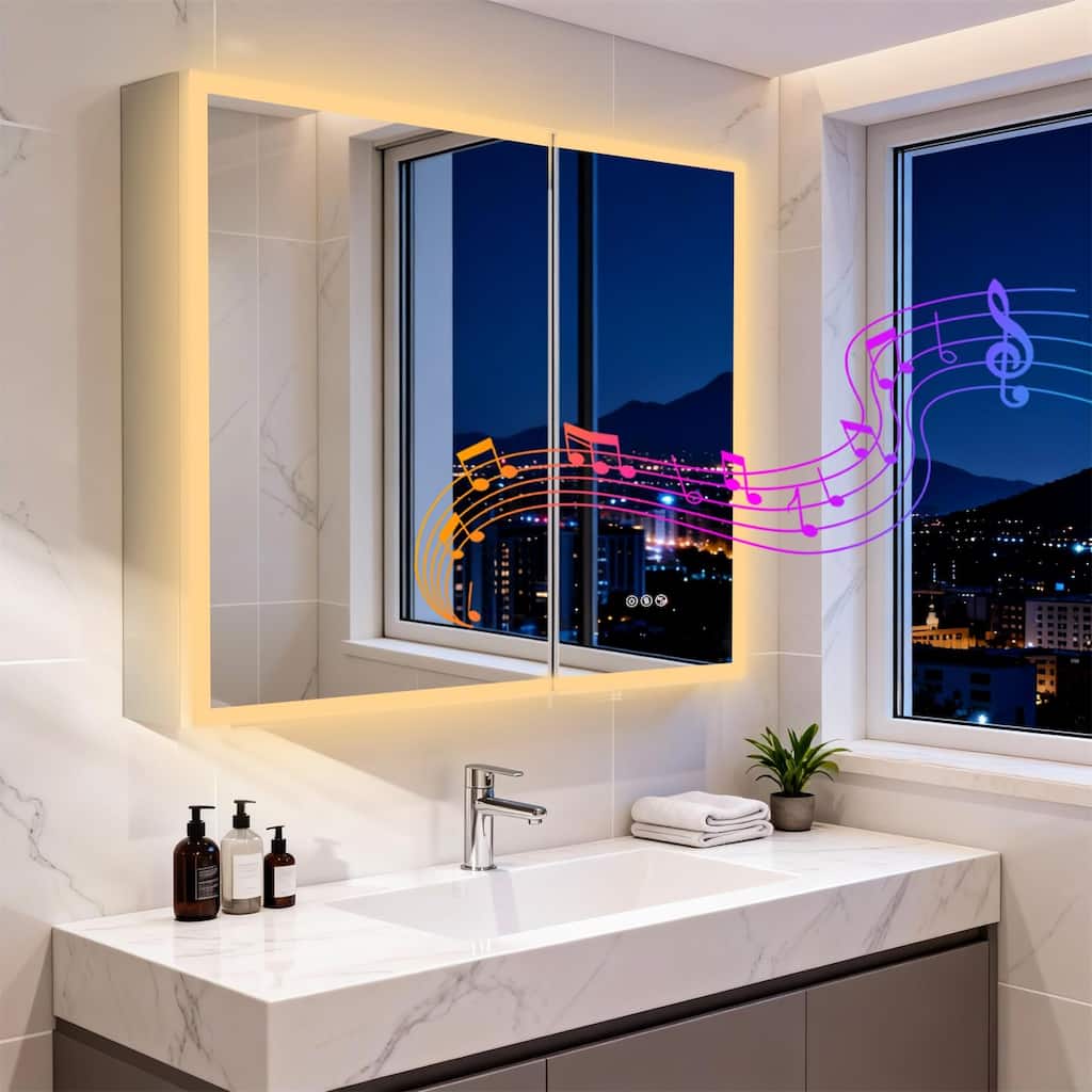 Wall Mounted Medicine Cabinet Bathroom Cabinet Jewelry Organizer with Bluetooth Dual Speakers Adjustable Glass Shelves
