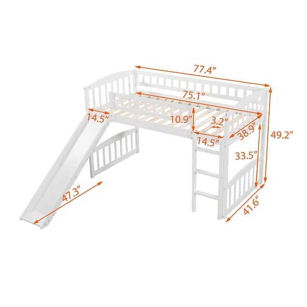 dimension image slide 0 of 2, Twin Size Loft Bed With Slide and Ladder And Solid Construction For Bedroom,Dorm,Kids