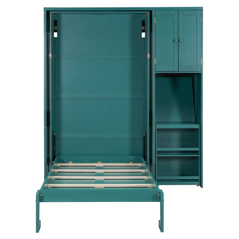 Twin Size Rotating Murphy Wall Bed with Bookshelf, Top Cabinet, Modern Foldable Cabinet Bed with Extendable Desk, Side Storage