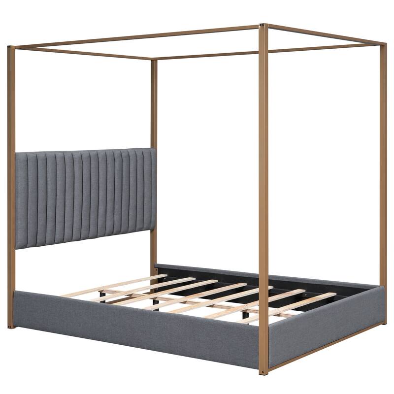 Queen Upholstered Canopy Bed with Headboard, Metal Frame, and Linen Upholstery, 4-Poster Modern Design, Easy Assembly