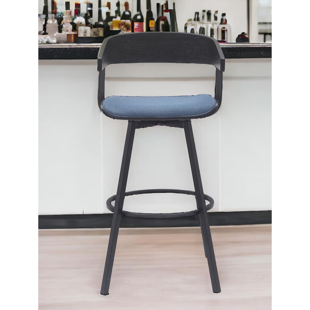 31" Blue and Black Fabric with Metal Swivel Bar Height Bar Chair
