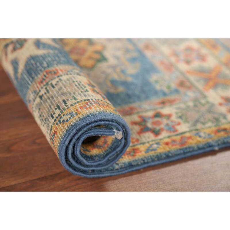Hand Knotted Oriental 100% Wool Carpet Traditional Geometric Navy Blue & Blues Kazak Area Rug - 2' 10'' X 1' 11''