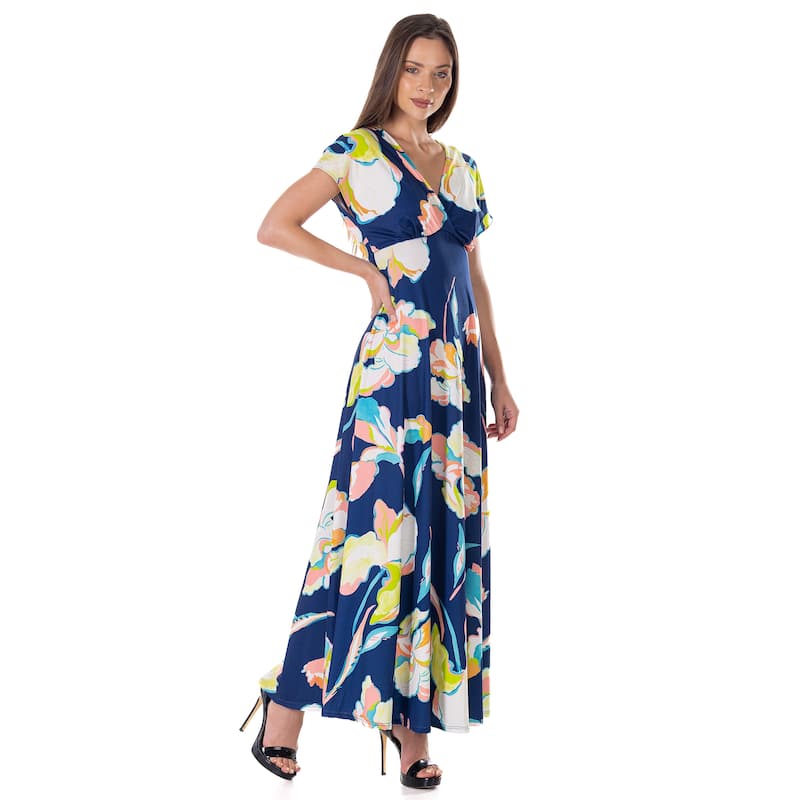 24seven Comfort Apparel Womens Navy Floral Print V Neck Empire Waist Kimono Cap Sleeve Maxi Dress