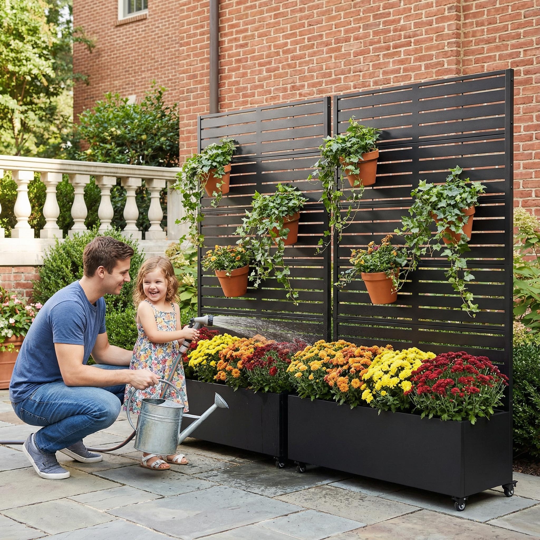 Metal Planter Box with Trellis Privacy Screen Planter Box with Lockable Wheels Set of 2