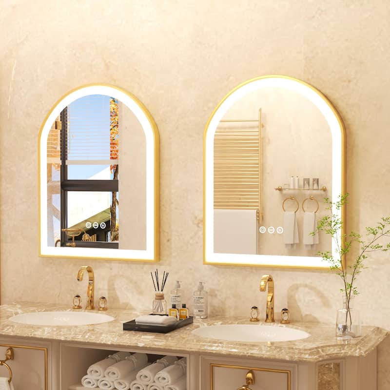 Gold Bathroom Arch LED Vanity Mirror Anti Fog Dimmable Memory 3 Colors - 36"x24"x1.6"