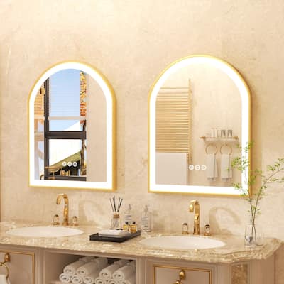 Gold Bathroom Arch LED Vanity Mirror Anti Fog Dimmable Memory 3 Colors - 36"x24"x1.6"