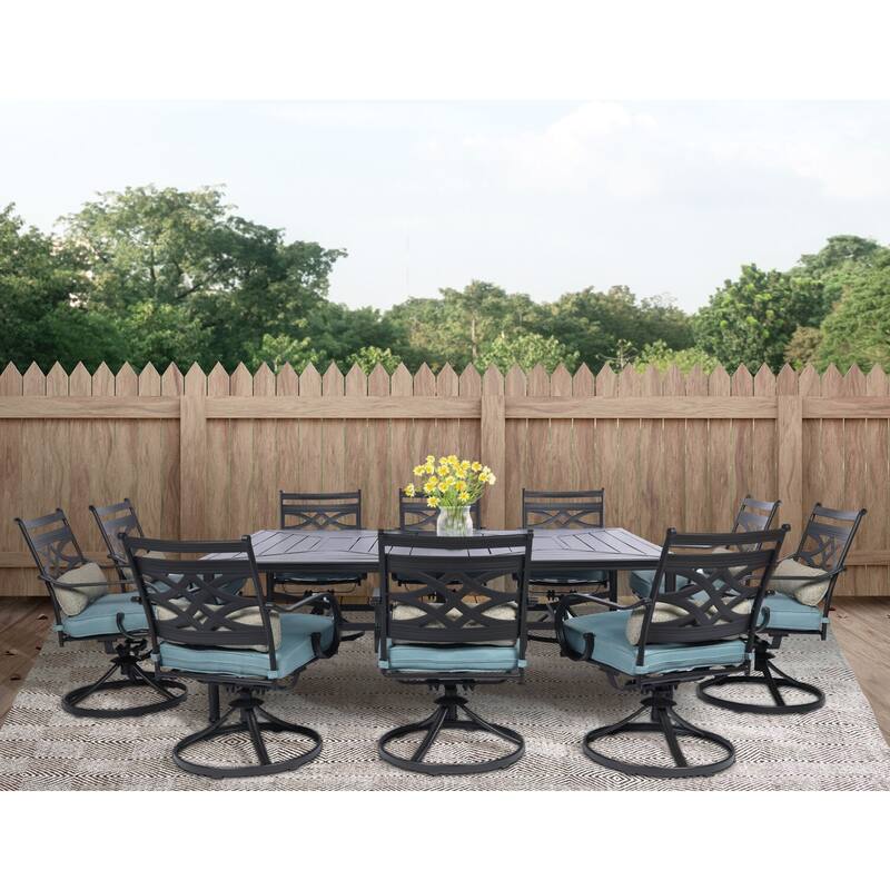 Hanover Montclair 11-Piece Dining Set in Ocean Blue with 10 Swivel Rockers and a 60-In. x 84-In. Table
