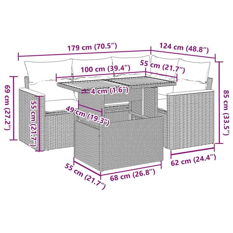 vidaXL Patio Sofa Set with Cushions Lounge Set 5 Piece Poly Rattan Acacia