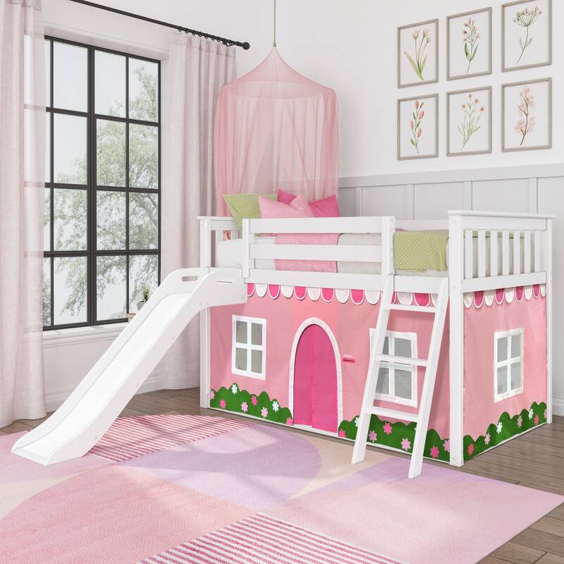 Max and Lily Classic Twin over Twin Low Bunk with Easy Slide and Curtain - White