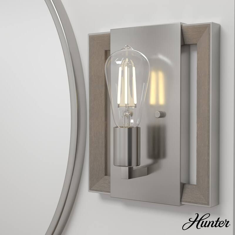 Hunter Woodburn Wall Sconce - Hallway, Bedroom, Artwork - Industrial, Rustic, Transitional - Damp Rated! - 1 Light - Brushed Nickel