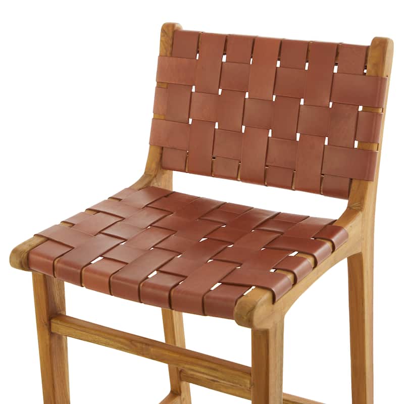 Camel Brown or Black Teak Wood Woven Leather Seat and Back Bar Stool with Beam Footrest