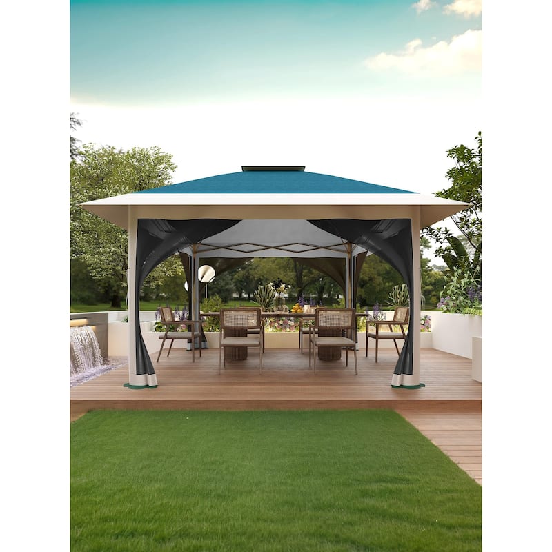 12' x 12' Outdoor Gazebo, Heavy Duty Double Roof Patio Gazebo with Netting and Curtains