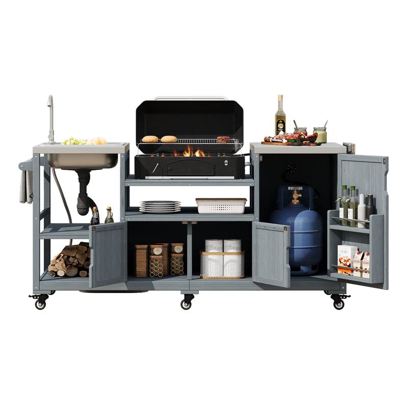75" Outdoor Kitchen Island with Sink, Rolling Cart & Stainless Steel Top