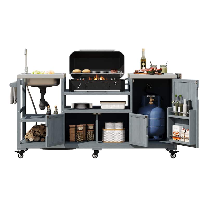 Kitchen Island with Sink, Grill Cart for Big Green Egg Grills, Rolling Bar Cart with Stainless Steel Top for Pizza Prep and BBQ