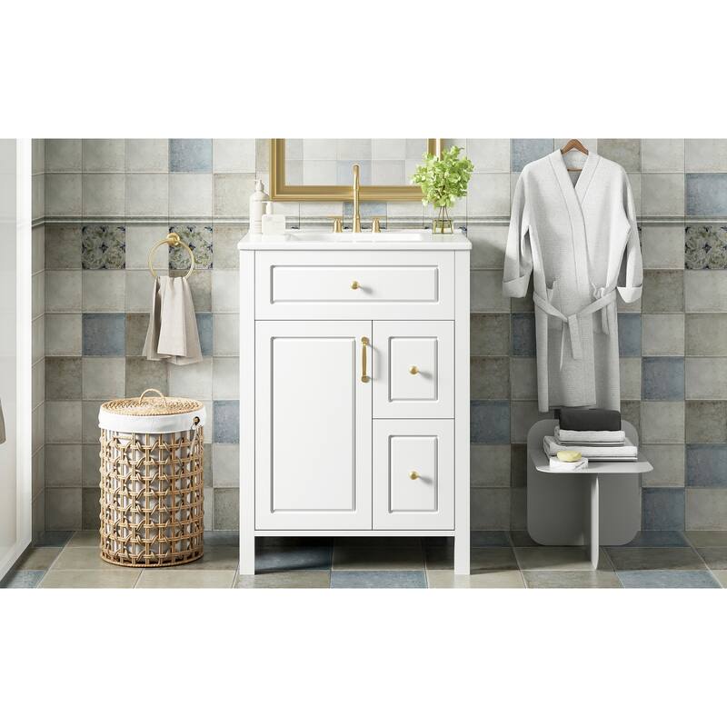 24-Inch Bathroom Vanity With Ceramic Sink, 1 Soft Close Door, 2 Soft Close Drawers, And Double Storage Racks On The Door