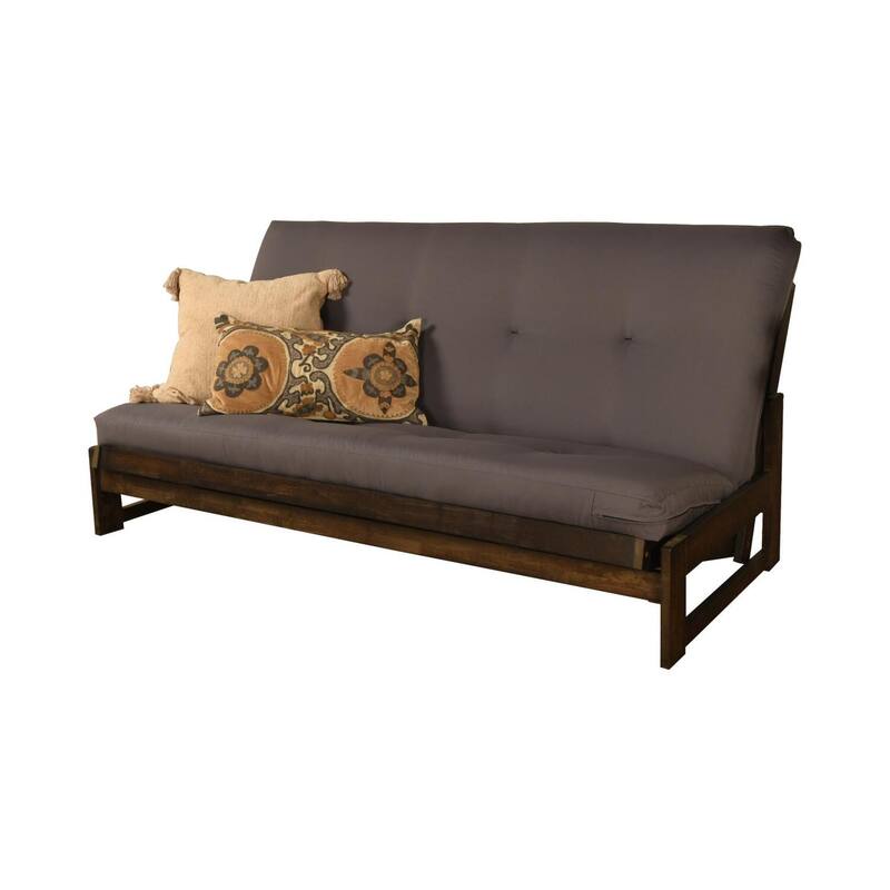 Aspen Futon Frame with Reclaim Mocha Finish and Twill Gray Mattress - Modern Rustic Convertible Sofa Bed