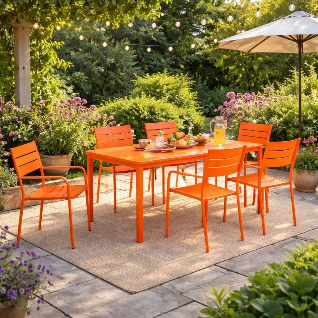 Meta 7 Piece Outdoor Dining Table, Chairs Set, Orange, Plank Seat and Back