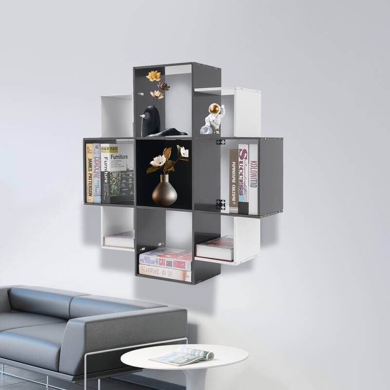 Modern PVC Board Bookcase with 9 Compartments Wall Mounted