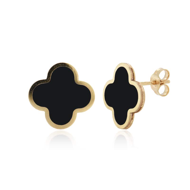 Italian Gold 14K Yellow Gold Large Clover Stud Earrings - Made in Italy - Clover Size 15mm 2.40 grams - Onyx