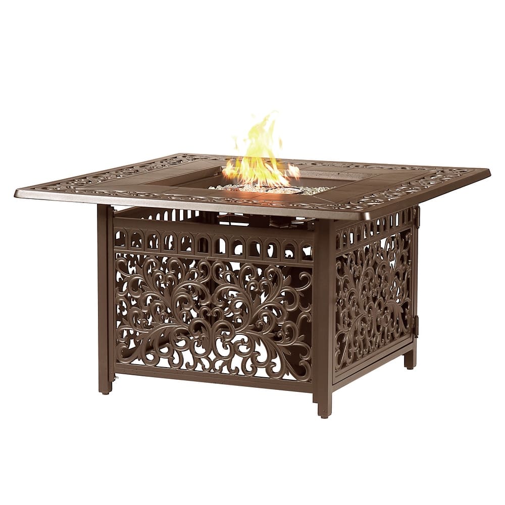 Square 42 in. x 42 in. Aluminum Propane Fire Pit Table with Glass Beads, Two Covers, Lid, 57,000 BTUs
