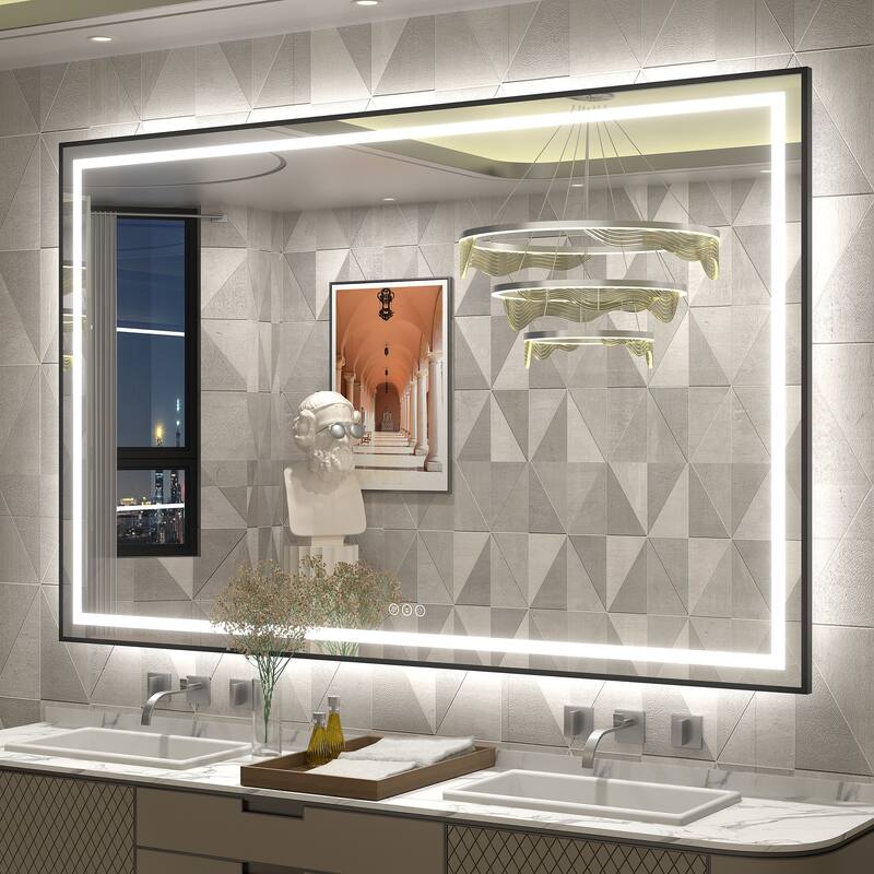 Black Metal Framed LED Front Light and Backlit Anti-Fog Wall Bathroom/ Vanity Mirror - 60" x 38"-Square Corner - Black
