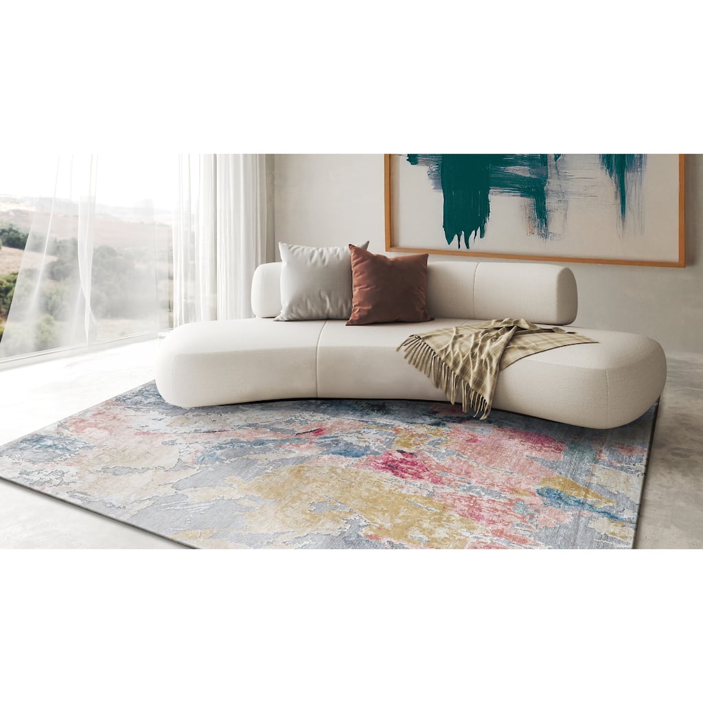 EXQUISITE RUGS Floor Art Hand-knotted Bamboo Silk Silver/Blush Area Rug.