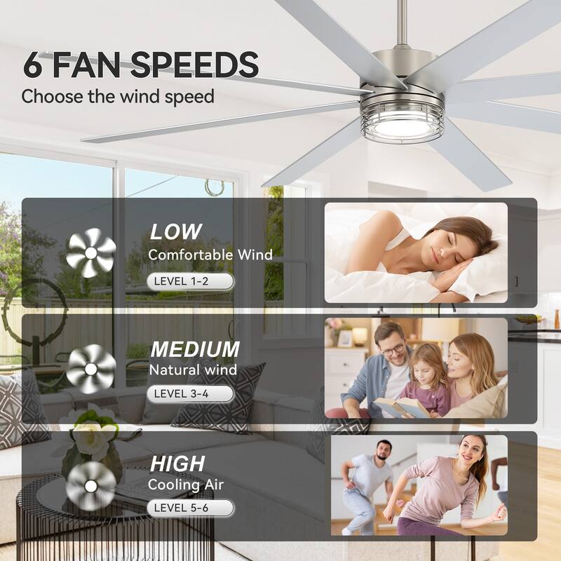 72/52-inch Reversible 8/5-Blade Dimmable LED Ceiling fan with Light and Remote