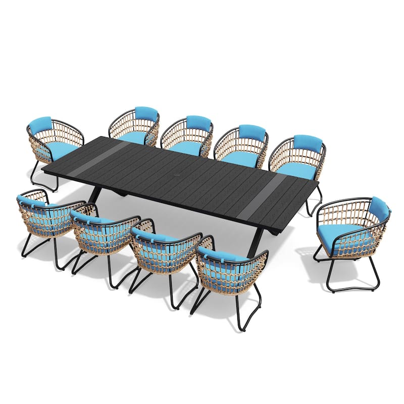 11-Piece Outdoor Dining Set Aluminum Dining Table with Cushioned PE Rattan Chairs