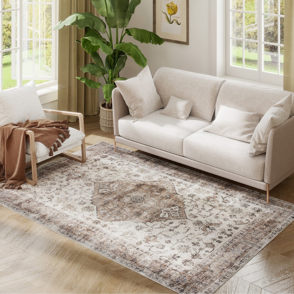HOMCOM 4x6 Area Rug, Vintage Machine Washable Rug, Non-Slip Floor Carpet for Living Room, Bedroom, Dining Room, Home Office