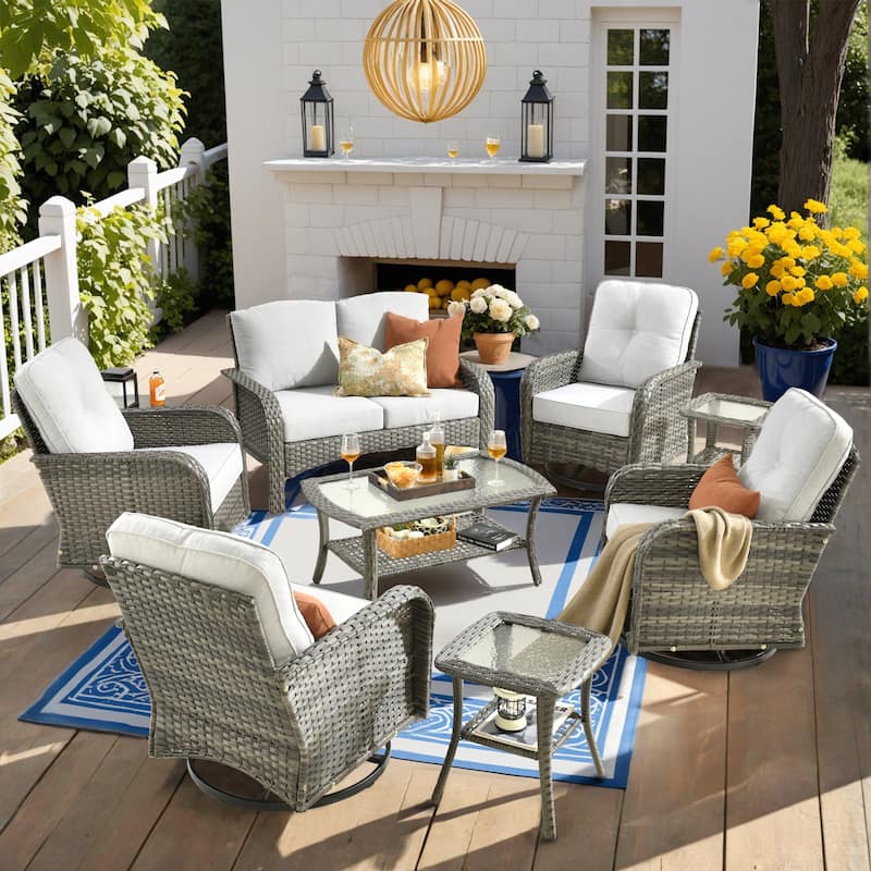 XIZZI Outdoor Patio Furniture Wicker Sofa Swivel Chair Set - 8-Piece - Grey