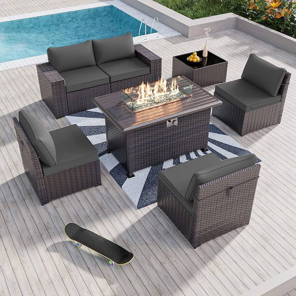 Outdoor Patio Furniture Set, All Weather PE Wicker Sectional Conversion Sofa set with Firepit(Optional)