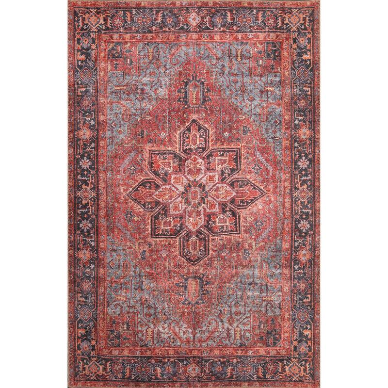 Domani Grove Machine Washable Distressed Oriental Red Medallion Area Rug - 10' x 14'