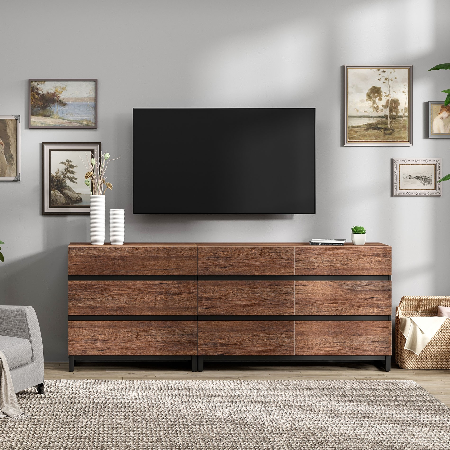Modern TV Stand for TVs up to 90 inches, 2 in 1 TV Console with 9 Drawers, Media Console for Living Room, Bedroom
