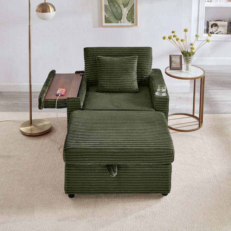 Fluffy Corduroy Lazy Sofa Chaise Lounge with Accent Chair, Storage Ottoman, Folding Table Board, Cup Holder and USB