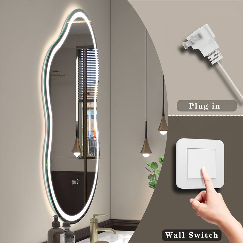 KIOTEE Frameless Irregular LED Anti-Fog Bathroom Vanity Mirror Asymmetrical Front and Backlit Wall Mirror