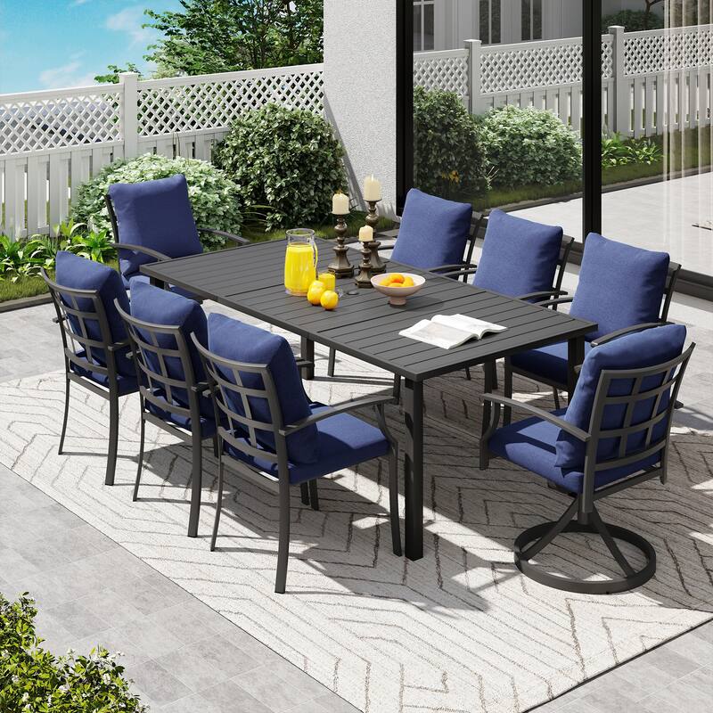 IvyGlow 9-Piece Black Metal Patio Dining Set with Rectangular Table, 2 Swivel Dining Chairs and Gray Cushions
