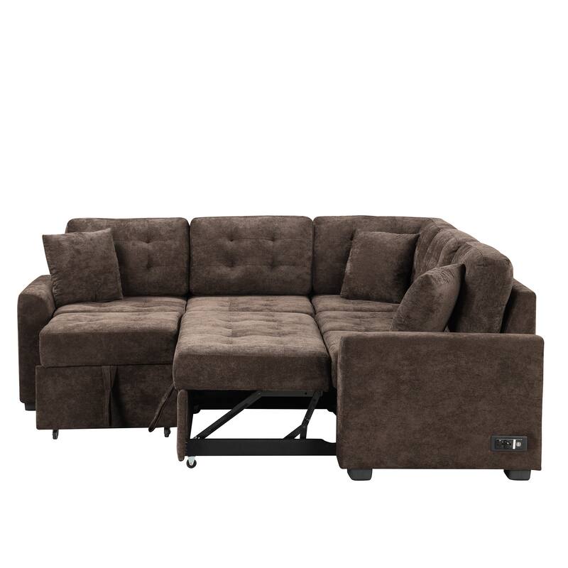 Roomfitters Pull-Out L-Shape Sofa Bed with Wheels, USB Ports, and Power Sockets, Functional Sleeper Sofa for Living Room Comfort