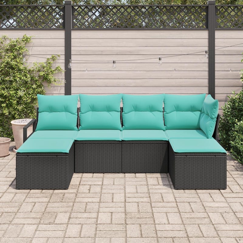vidaXL 6 Garden Sofa Set with Cushions Black Poly Rattan - 90.6 x 46.1 x 27.2