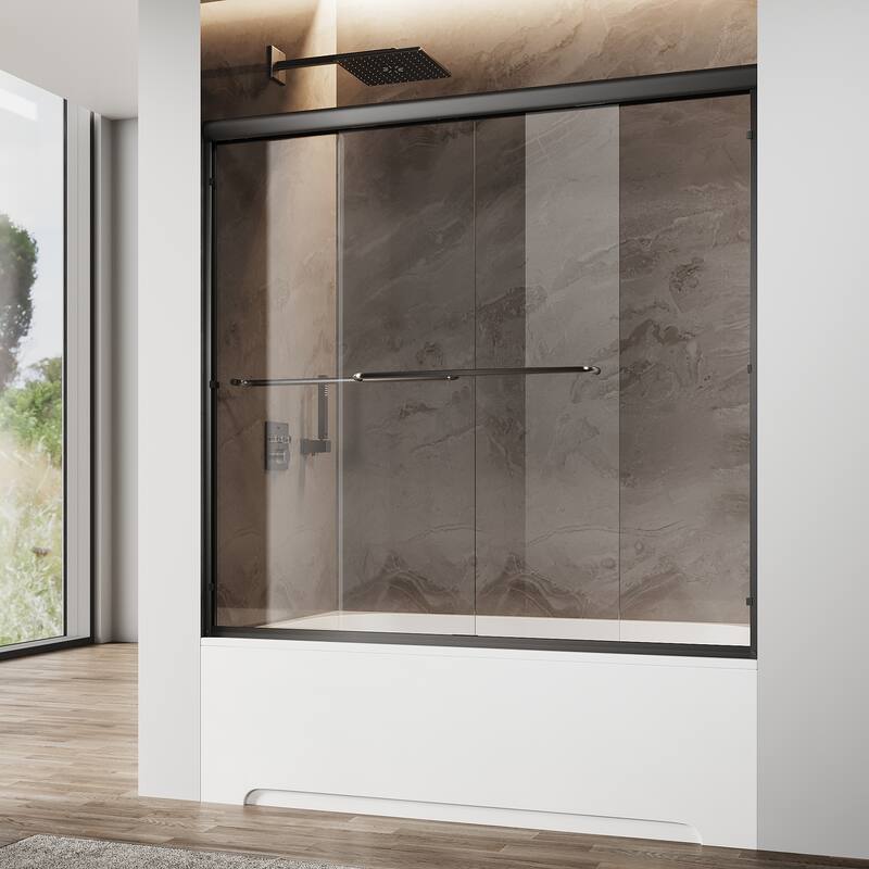Elegant Double Sliding Shower Door Black Finish Framed with 1/4 inch Clear Tempered Glass