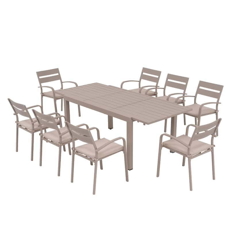 Outdoor 9-piece Aluminum Dining Set Stackable Chairs and Extendable Table