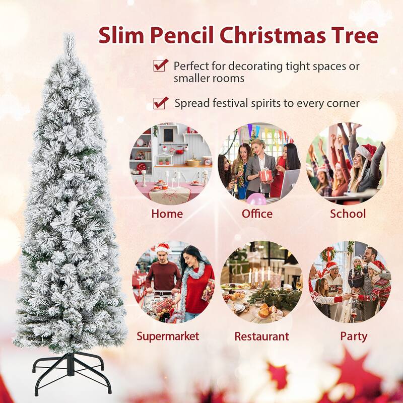 Gymax 4.5/6/7 FT Pre-Lit Artificial Christmas Tree Slim Pencil Xmas
