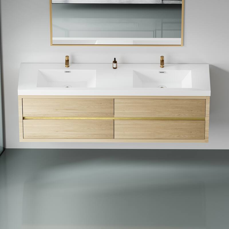 GDFStudio - Maxwell Floating Bathroom Vanity with Stone Resin Countertop & Soft-Close Drawers