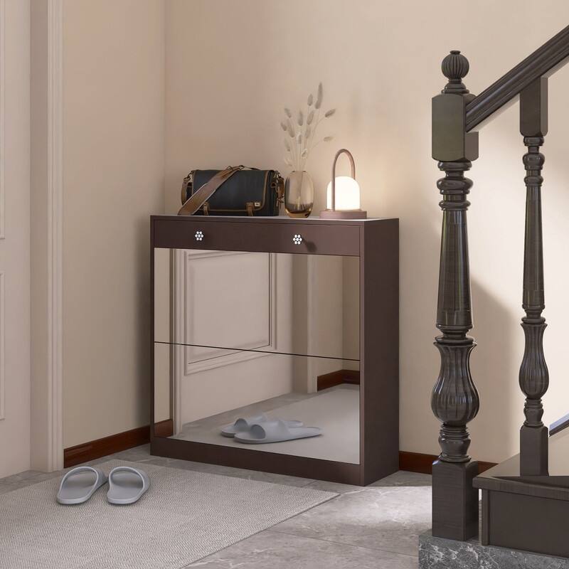 Mirrored Shoe Cabinet with Drawers - Space-Saving Entryway Organizer in Brown Finish