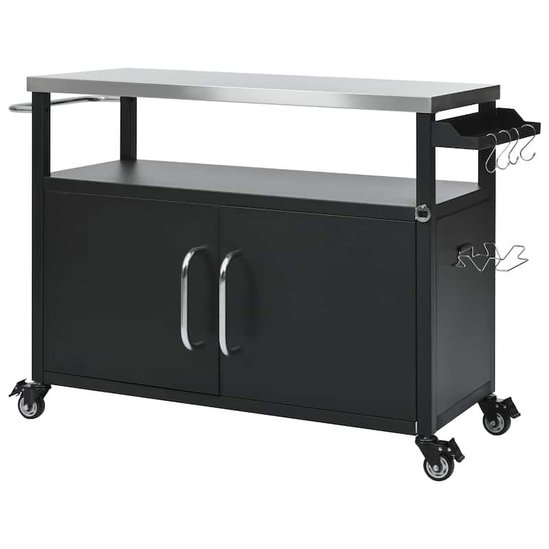 54.5" Outdoor Kitchen Island with Stainless Steel Tabletop, Grill Cart Table with Big Storage Cabinet, 4 Lockable Wheels