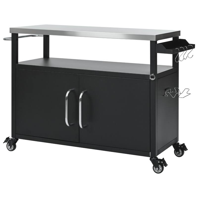 Metal Kitchen Island with Stainless Steel Tabletop, Rolling Spice Storage Cabinet w/Towel Rack and 4 Lockable Wheels for Kitchen