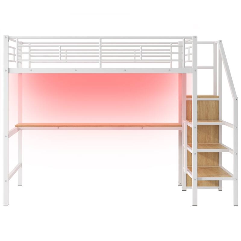 Full Size Metal Loft Bed with Desk, Storage Staircase, Wardrobe, and LED Light, White