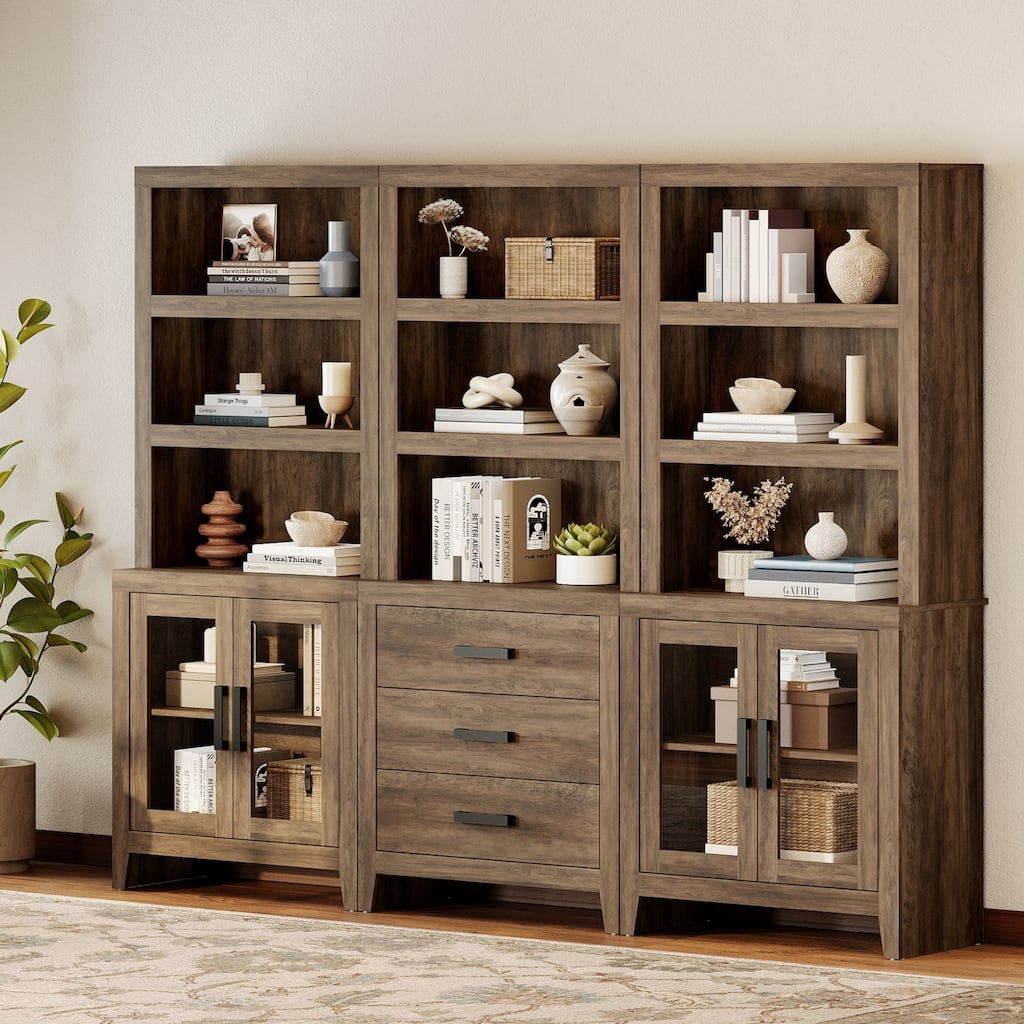 WAMPAT 74" Tall Bookshelf with Glass Doors and Drawers, Farmhouse Bookcase with Adjustable Shelves