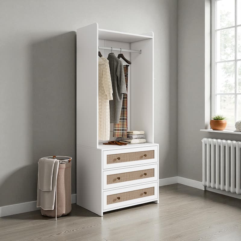 High Wardrobe Armoire with Rattan 3-Drawer Storage Cabinet Closet Organizer for Bedroom Living Room Entryway
